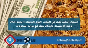 أسعار الذهب تقفز في الكويت اليوم الأربعاء 4 يونيو 2025 وعيار 21 يسجل 28.925 دينار مع بداية التداولات